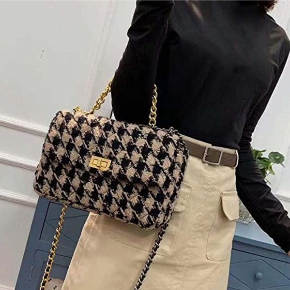 Black/Coffee Houndstooth Ladies Shoulder Bag Fashion Woolen Cloth Crossbody Bag